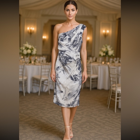 Theia Couture One Shoulder Ruched & Beaded Cocktail Dress in Ivory/Gray Size 8 - Picture 1 of 10